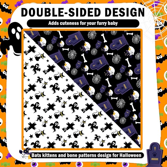 SCENEREAL Halloween Dog Bandanas 2 Pack, Puppy Fall Triangle Bibs Handkerchief Ghost Black Cat, Reversible Holiday Dog Bandana for Boy and Girl, Premium Pet Scarf for Small Medium Large Dogs L