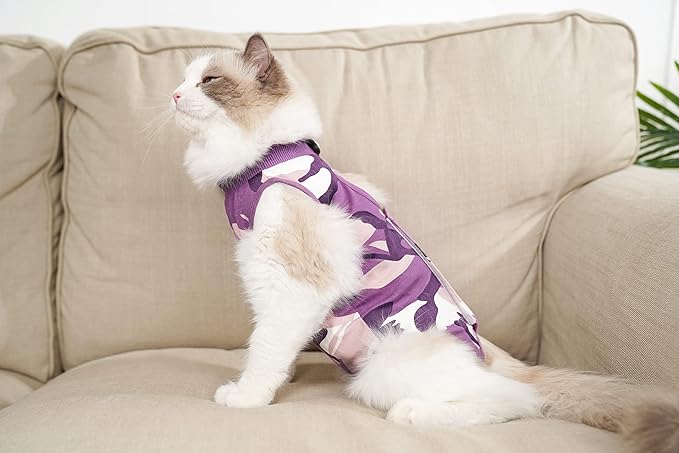 New Professional Cat Recovery Suit After Surgery as E-Collar Alternative, Kitten Recovery Suit for Spay to Cover Abdominal Wounds, Camouflage Apparel Anti-Licking Cat Onesie (S, Purple)