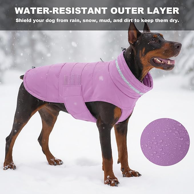 Dog Coat, Waterproof Winter Jacket, Warm Windproof Vest, Reflective Adjustable Turtleneck Coats for Medium and Large Dogs with Hook & Loop - Lilac - L