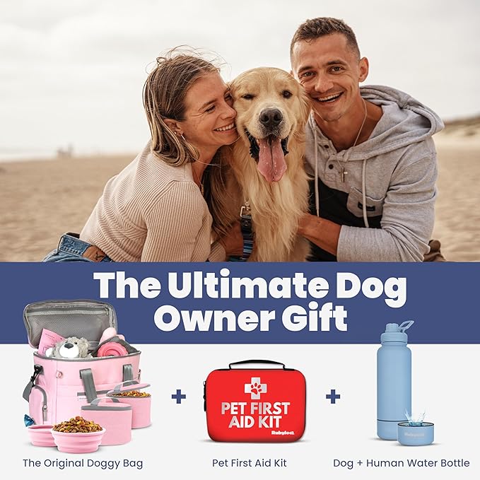 The Original Doggy Bag™ - Complete Dog Travel Bag for Supplies with 2 BPA-Free Travel Bowls & 2 Pet Food Containers - A Dog Mom Gift for Day Trips, Camping, Road Trips & Weekends Away - Lt. Pink