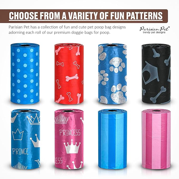 Parisian Pet Ecofriendly Dog Poop Bags Rolls - 160 Count Unscented Poop Bags For Dogs - Leakproof, Extra Thick, 8 Dog Waste Bags Refill Rolls - Stripes Dots Pink Doggie Poop Bags