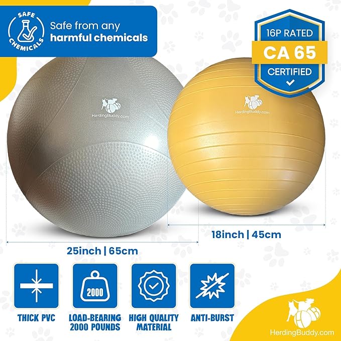 Herding Ball for Dogs - 25” Cover for Australian Shepard, Collie, Cattle & All Herding Dogs Over 27 Pounds - Heavy Duty Dual Layered Cover - Thick Anti-Burst Inner Ball - High Flow Foot Pump