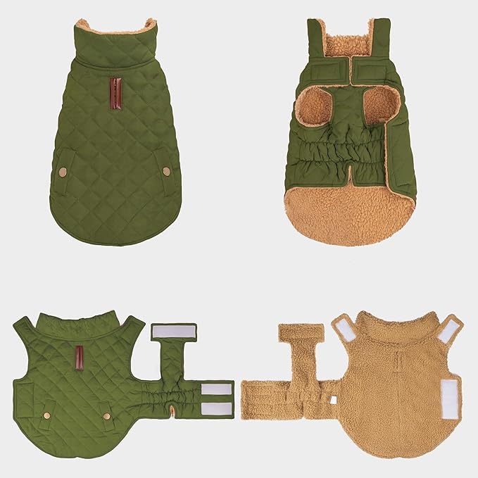 azuza Dog Jacket Waterproof & Windproof Dog Coat for Small Dogs with Thick Fleece, High Collar with Leash Hole, Adjustable Velcro & Elastic Belly, Army Green, S