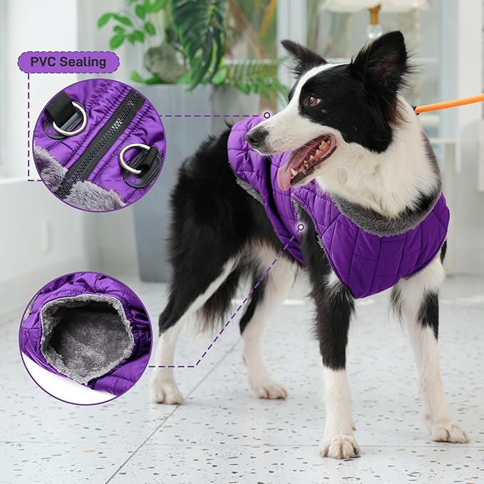 Warm Fleece Dog Coats with Durable Harness Buitl in D-Ring,Waterproof Doggie Jacket for Medium Dogs,Dog Vest for Cold Winter,Purple L