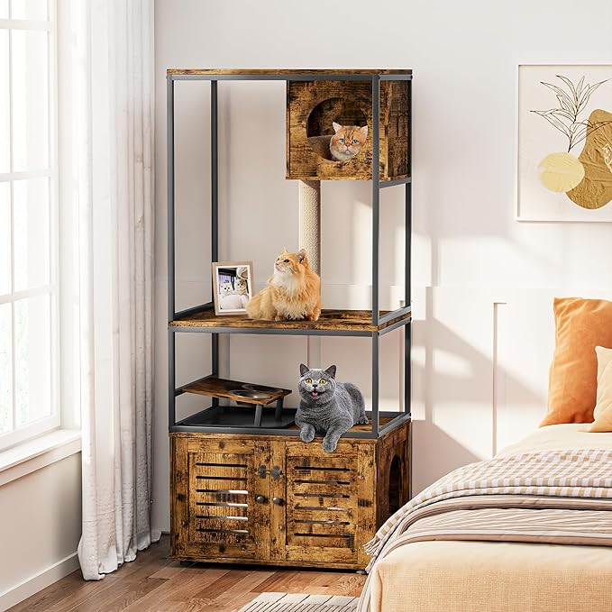 Lamerge Cat Tree with Litter Box Enclosure, All-in-1 Large Cat Litter Box Enclosure, Cat Condo with Scratching Posts and Cat Feeding Bowl, Rustic Brown