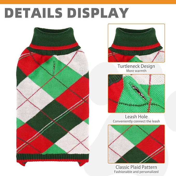 KOOLTAIL Dog Christmas Sweater Pet Knitted Clothes - Classic Plaid Pull Over Turtleneck Dog Sweaters with Leash Hole Warm Dogs Winter Clothing for Small Medium Dogs Cats Puppy Boy Girl Red & Green ML