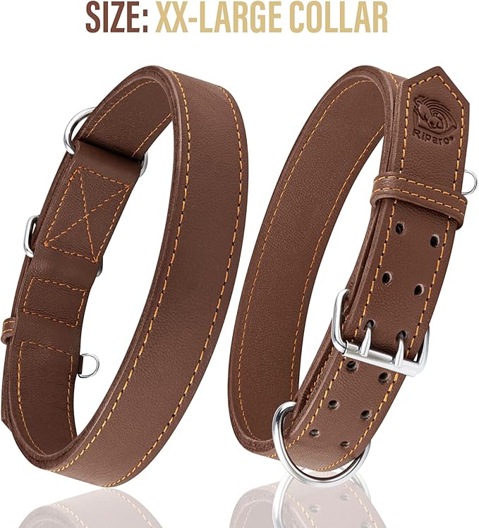 Riparo Dog Collar - Genuine Leather Dog Collars - Heavy Duty Dog Collars for Medium Large and Extra Large Dog Breeds (L: 1.25” Wide for 18” - 22” Neck, Brown)