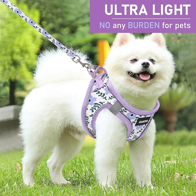 GAMUDA Small Dog Harness Collar and Leash Set, Step in No Chock No Pull Soft Mesh Adjustable Dog Vest Harnesses Plaid Reflective for Dogs Puppy Cats Kitten Rabbit (Purple Flower, XL)