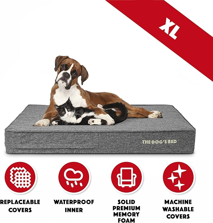 The Dog’s Bed Orthopedic Memory Foam Dog Bed, XL Grey Linen, Pain Relief for Arthritis, Hip & Elbow Dysplasia, Post Surgery, Lameness, Calming, Waterproof Washable Covers