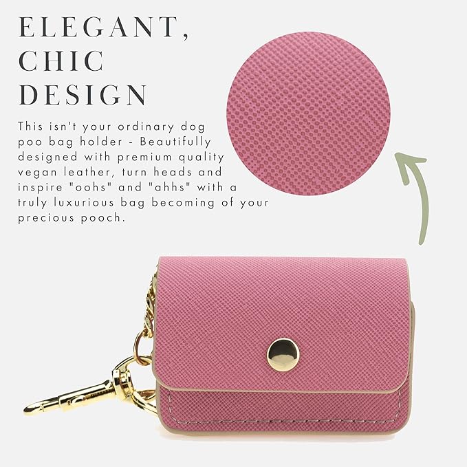 NINA WOOF Leather Poop Bag Holder- Versatile Vegan Leather Waste Bag Holder for Dog Poop, Accessories, & Leash, Reusable Pet Waste, Trash, Pet Diaper & Poop Bags Small Pouch Holder (Pink)