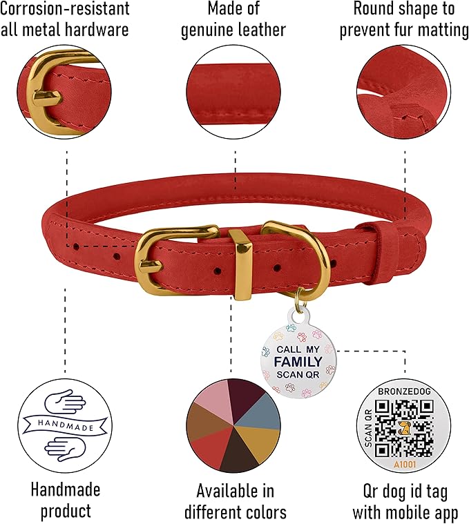 BronzeDog Rolled Leather Dog Collar with QR ID Tag, Adjustable Soft Round Collars for Small Medium Large Dogs Puppy (16" - 19" Neck Size, Classic Red)
