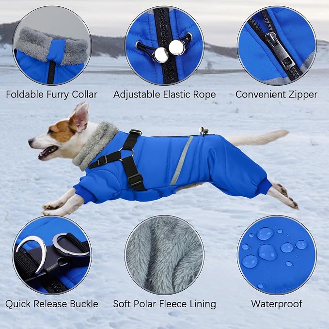 BRKURLEG Blue Dog Winter Coat, Cozy Winter Dog Jackets, Small Dogs Coat with Harness, Onesie Body Warm Puppy Christmas Jacket, Pet Reflective Cold Weather Jackets, Puppy Four-Legged Puffer Coats, M