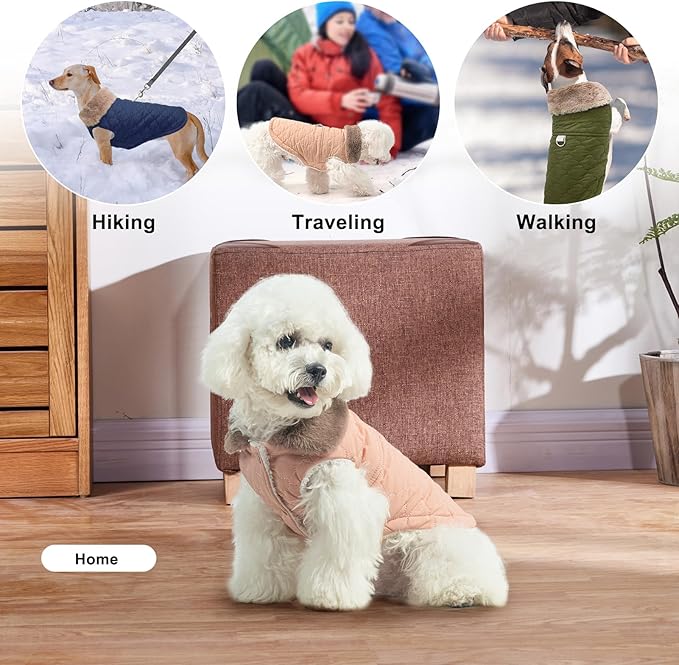BEAUTYZOO Winter Dog Coat with Harness Built in, Warm Dog Puffer Jacket Vest Padded Fleece Cold Weather Coats Windproof Waterproof Snow Jackets Clothes for Small Medium Puppy, Pink L