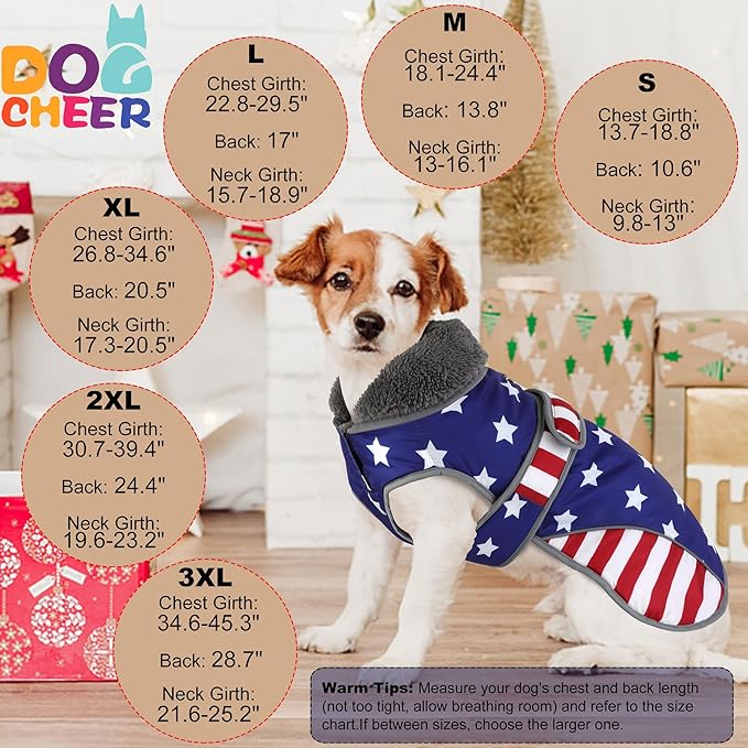 Dogcheer Dog Coat, American Flag Dog Jacket Waterproof Puppy Winter Coat for Cold Weather, Reflective Adjustable Pet Snow Jacket Fleece Sweater for Small Medium Large Dogs - USA Flag, XL