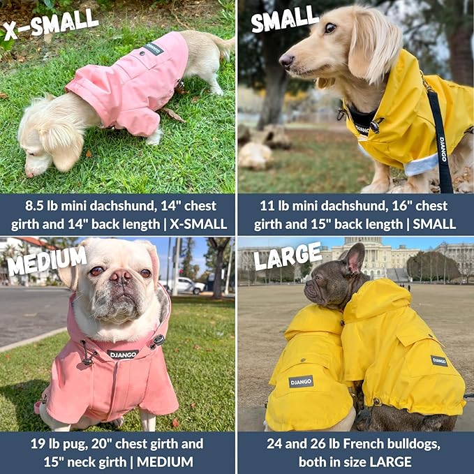 DJANGO Highland Dog Jacket & Raincoat – Water-Repellent, Lined Dog Coat with Hood, Adjustable Fit & Harness Hole – Lightweight Rain & Wind Jacket for Small & Medium Dogs up to 30 lbs (Yellow, X-Small)