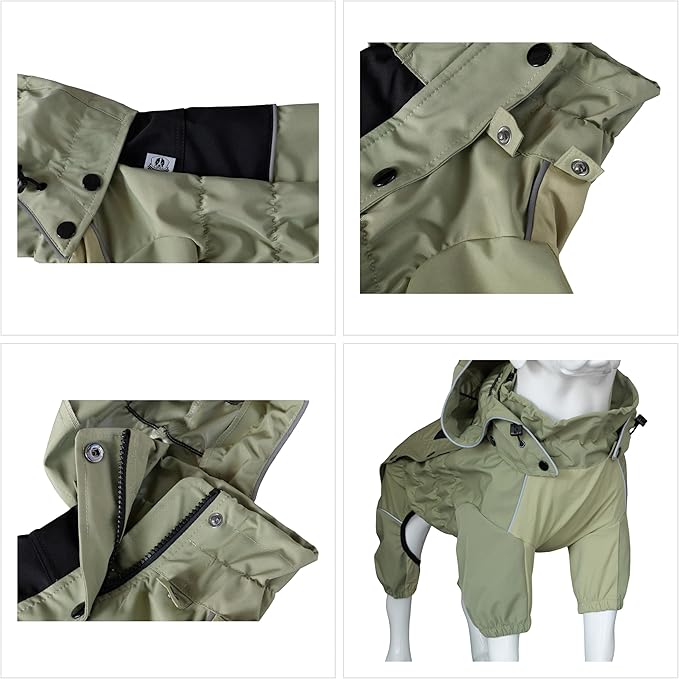 LOVELONGLONG Waterproof Dog Raincoat with Removable Hood – Outdoor Full Body Dog Jacket, Windproof Snowproof Shell Suit – All Season Pet Rain Gear Sage Green S+