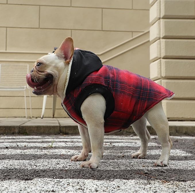 Fleece Lining Dog Hoodie for Large Dogs Extra Warm Plaid Sweater with Drawstring Hooded Coats in Winter Doggie Jacket,Red XXXL