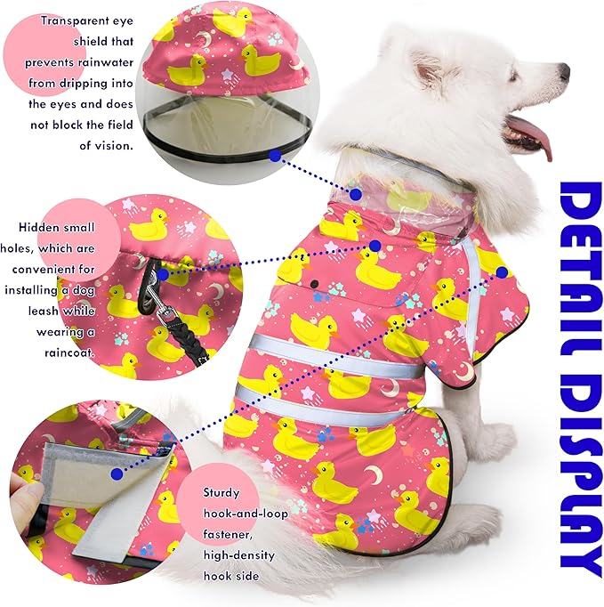 Dog Raincoat, Adjustable Rain Jacket with Hooded Double Layer for Large Medium Small Dogs Puppies, Lightweight Waterproof Rain Coat Poncho with Reflective Stripe Duck Pink,L