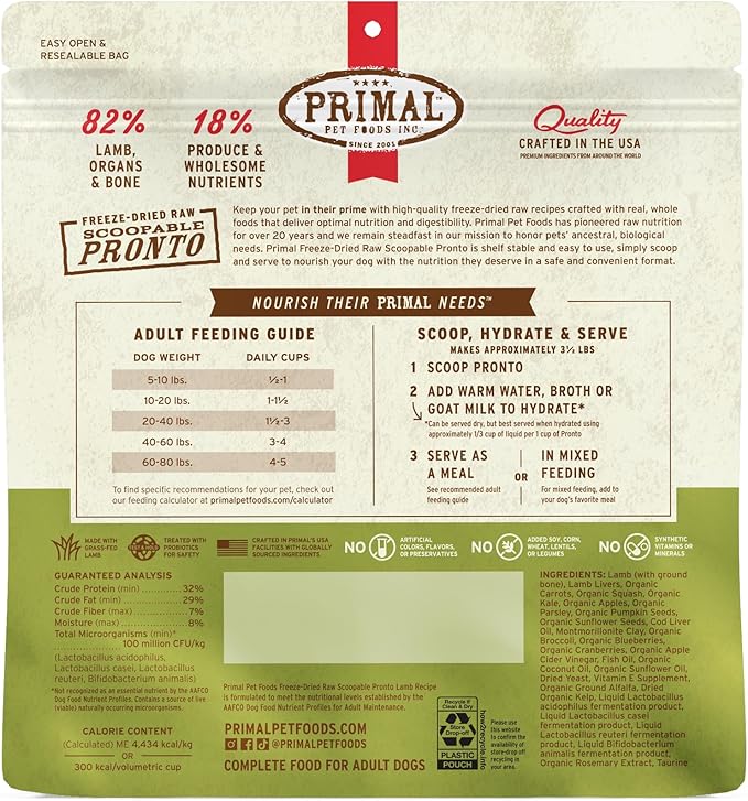 Primal Freeze Dried Dog Food, Pronto Mini Nuggets, Lamb; Scoop & Serve, Complete & Balanced Meal; Also Use as Topper or Treat; Premium, Healthy, Grain Free, High Protein Raw Dog Food (25 oz)