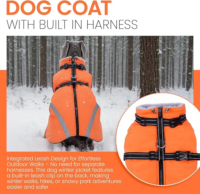 QBLEEV Dog Coat for Small Dogs, Waterproof Dog Jacket with Built-in Harness, Puppy Cold Weather Coats Reflective Vest, Windproof Warm Fleece Snowsuit Winter Coat for Chihuahua, Yorkie, Orange, XS