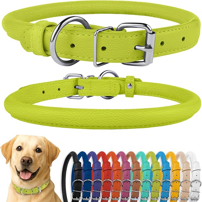 CollarDirect Rolled Leather Dog Collar, Soft Padded Round Puppy Collar, Handmade Genuine Leather Collar Dog Small Large Cat Collars 13 Colors (18-22 Inch, Lime Green Textured)