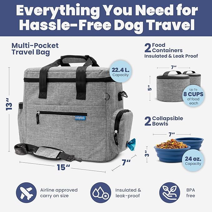 The Original Doggy Bag™ - Complete Dog Travel Bag for Supplies with 2 BPA-Free Travel Dog Bowls & 2 Pet Food Containers - Traveling Kit for Road Trips, Camping, Weekend Away or Doggy Gift - Grey