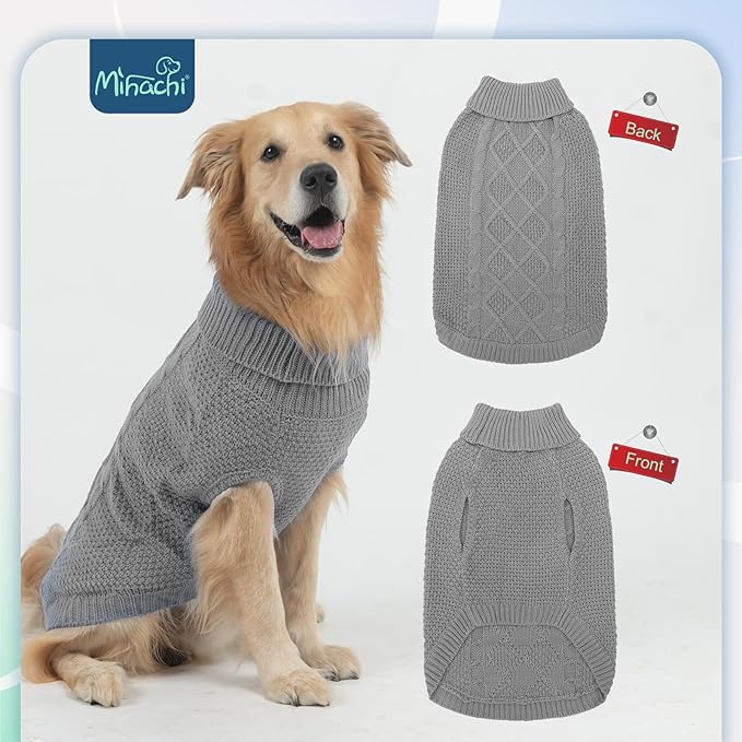 Mihachi Turtleneck Dog Sweater - Winter Coat Apparel Classic Cable Knit Clothes with Leash Hole for Cold Weather, Ideal Gift for Pet in New Year Grey S