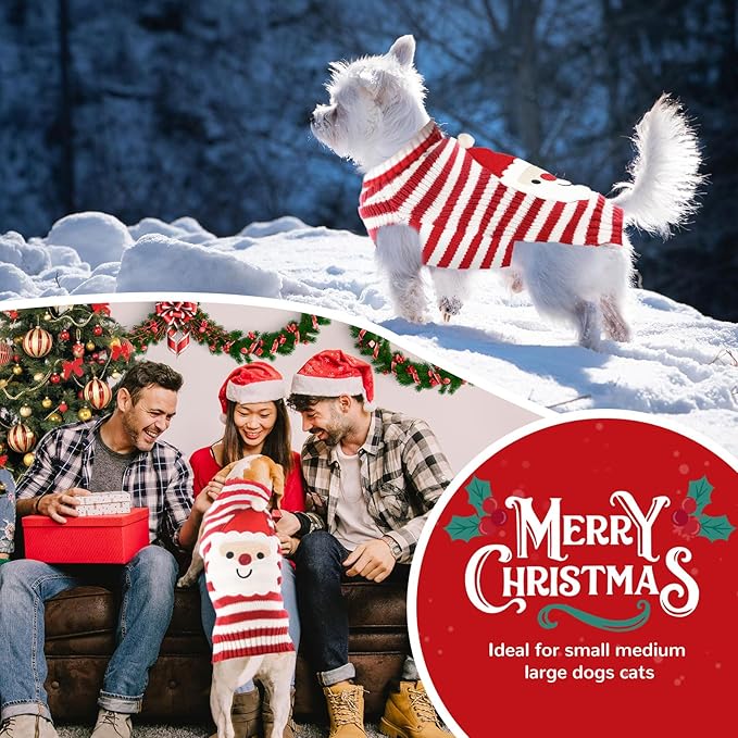 PETCARE Santa Dog Sweater Christmas Funny Cute Red Striped Cat Sweater Vest Pet Holiday Dog Clothes Puppy Sweaters for Small Medium Large Dogs Cats Fall Winter Outfits Xmas Dogs Costume,X-Small