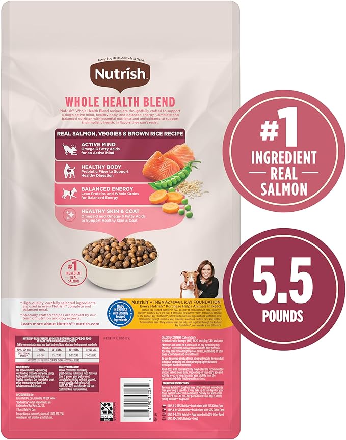Nutrish Real Salmon, Veggies & Brown Rice Recipe Whole Health Blend Dry Dog Food, 5.5 lb. Bag, Packaging May Vary (Rachael Ray)
