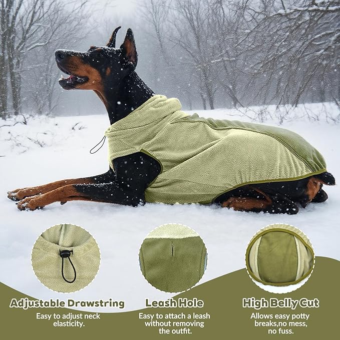 IECOii Great Dane Fleece Dog Sweater, Extra Large Dog Fleece Sweater for Giant Breeds Dogs Turtlenck, Cozy Warm Dogs Hoodie with Leash Hole, Fall Winter Walks Easily, Machine Washable, Green, 5XL