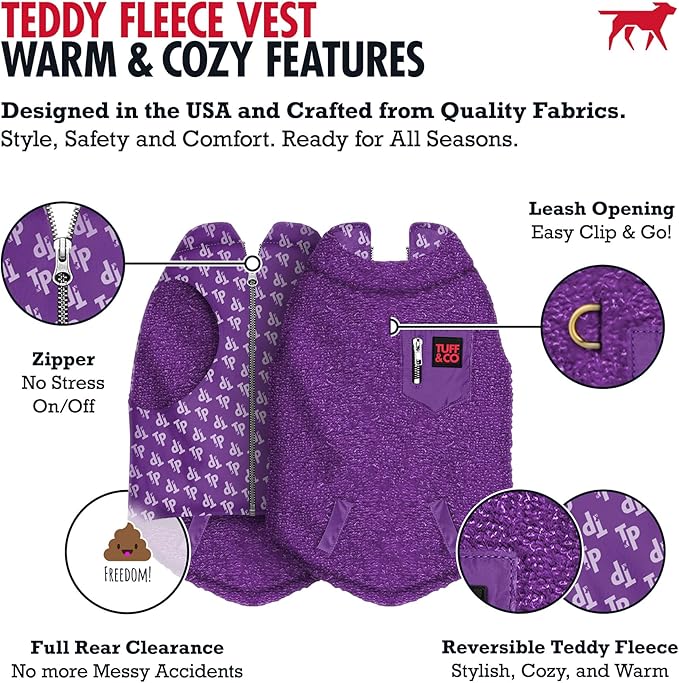 Tuff Pupper Reversible Fleece Sweater Vest for Dogs | Lightweight Comfortable Insulated Jacket | Front Zip Closure | Machine Washable | Built-in Leash Hole | Sizes for All Breeds (Medium, Purple)