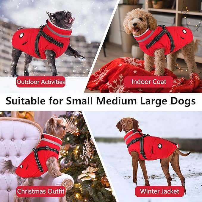 Dogcheer Dog Coat with Harness, Waterproof Dog Jacket, Christmas Puppy Winter Coat with Pocket, Reflective Doggy Turtleneck Puffer Vest for Small Medium Large Dogs - Red, L