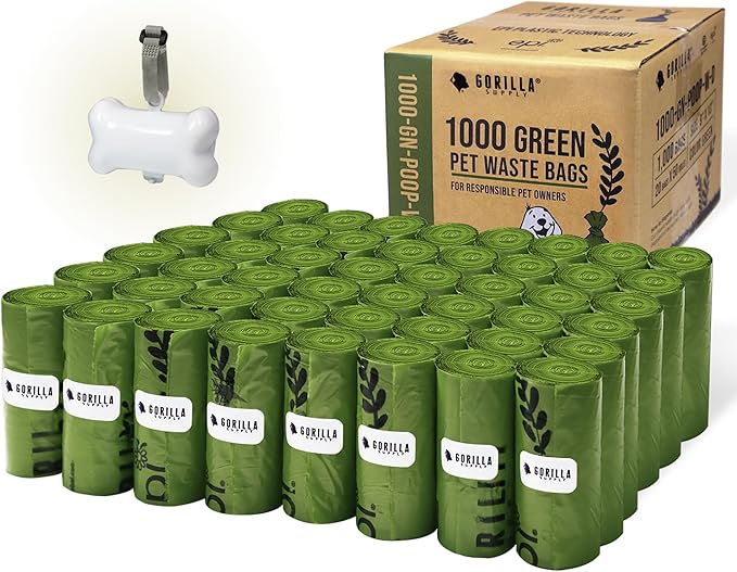 GORILLA SUPPLY Dog Poop Waste Bags with Dispenser and Leash Tie, 9" x 13", Green, 1000 Count