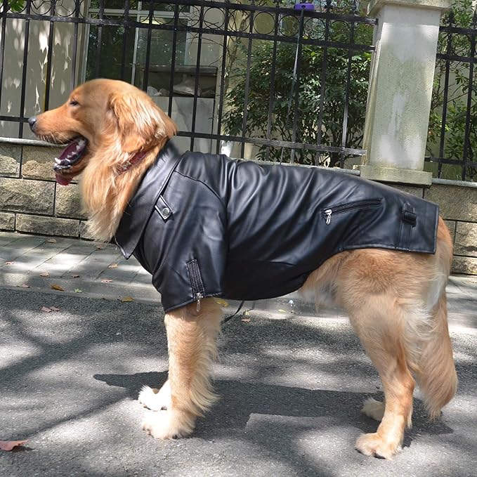 Lovelonglong Cool Dog Leather Jacket, Warm Coats Dogs Windproof Cold Weather Coats for Large Medium Small Dogs, Miniature Poodle Clothing Black L