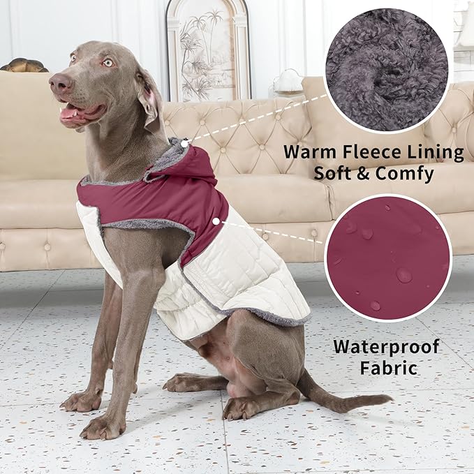 Detachable Hooded Dog Coat with Harness for Large Dogs,Super Warm Fleece Puppy Jacket for Cold Winter Doggie Coats,Red XXL
