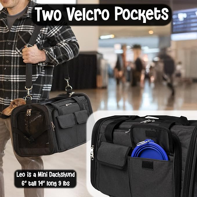 Pet Carrier with Wheels | Delta American Frontier Airline Approved | Two Expandable Sides, Storage Pockets Adjustable Leash | Rolling Dog and Cat Carrier TSA Compliant (Black 17x11x11)