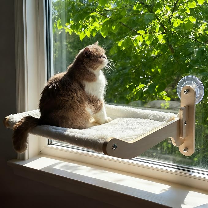 Cat Window Perch Hammock Bed - Foldable Hardwood Frame, No-Drill with Strong Suction Cups, Plush Faux Rabbit Fur for Large Cats up to 50lbs