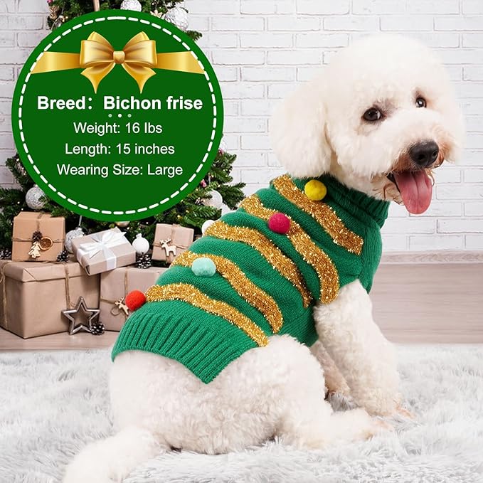 cyeollo Dog Sweater Dog Christmas Sweaters with Leash Hole Glitter Turtleneck Holiday Dogs Winter Clothes for Cold Weather Pet Sweaters for Small Dogs