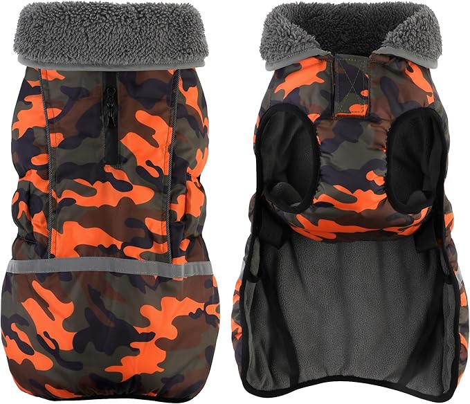 Dogcheer Warm Dog Coat, Waterproof Dog Jacket Christmas Puppy Winter Coat with Buckle, Reflective Adjustable Pet Snow Jacket Turtleneck Fleece Sweater for Small Medium Large Dogs - Orange Camo, M