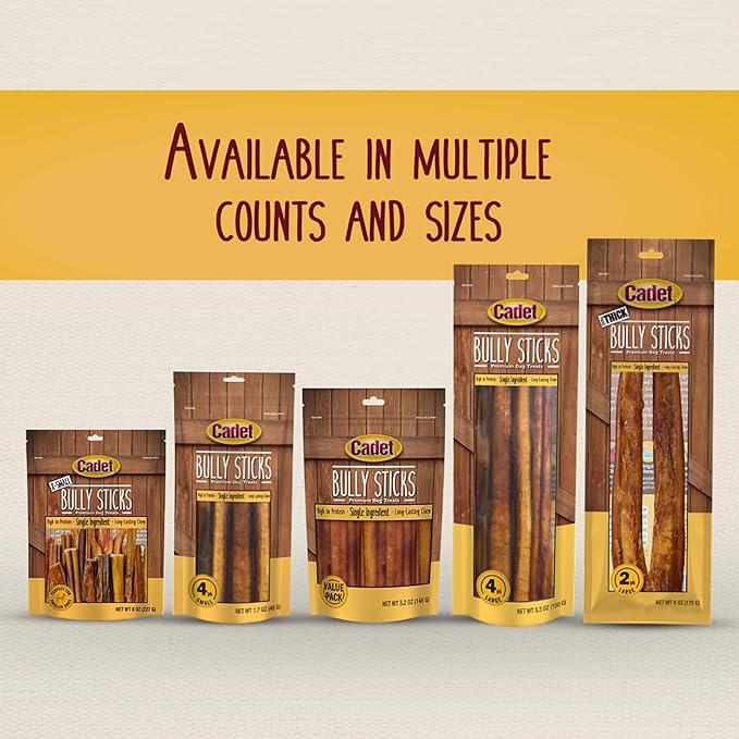 Cadet Bully Sticks for Large Dogs, All-Natural Beef Pizzle, Rawhide-Free Long-Lasting Dog Chews for Aggressive Chewers, 1 Count