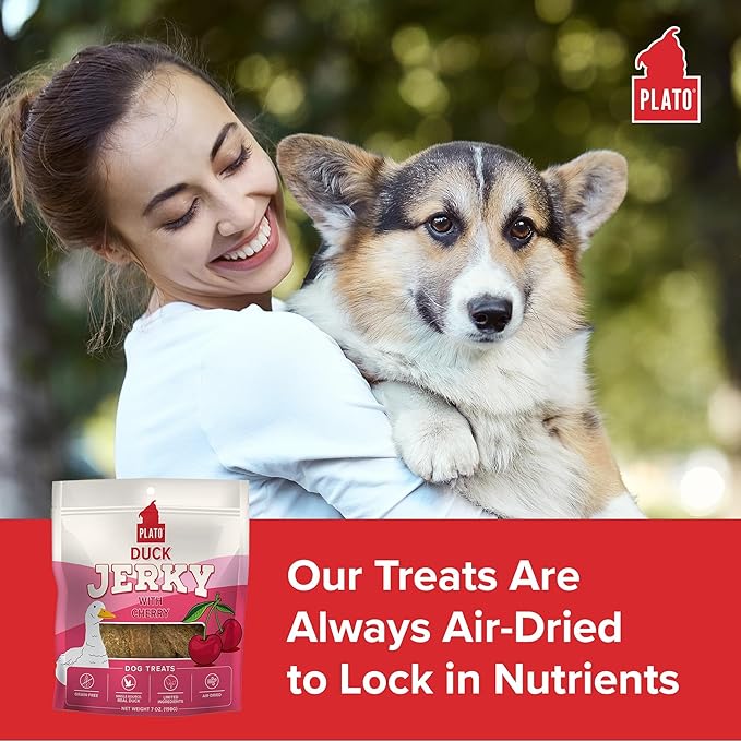 PLATO Pet Treats Jerky Dog Treats - Air-Dried Jerky for Dogs - Delicious, Real Meat Dog Treats - Grain Free - Supports Healthy Digestion - Duck Jerky with Cherry 7oz