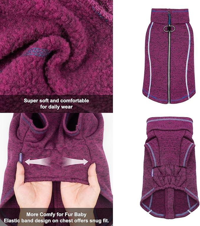 cyeollo Warm Dog Sweater with Zipper, Doggy Reflective Highneck Jackets with D Ring Step in Dog Winter Coats Fleece Female Stretchy Dogs Sweaters Pet Clothes for Small Dogs, Purple L