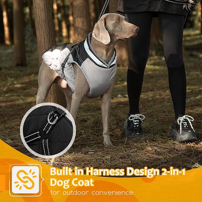 Dog Winter Coat with Harness, Dog Jacket, Pet Clothes with Zipper on Back, Waterproof Windproof Warm Vest, Reflective Cold Weather Coats, for Small Medium Large Dogs, Thick, Black,XS