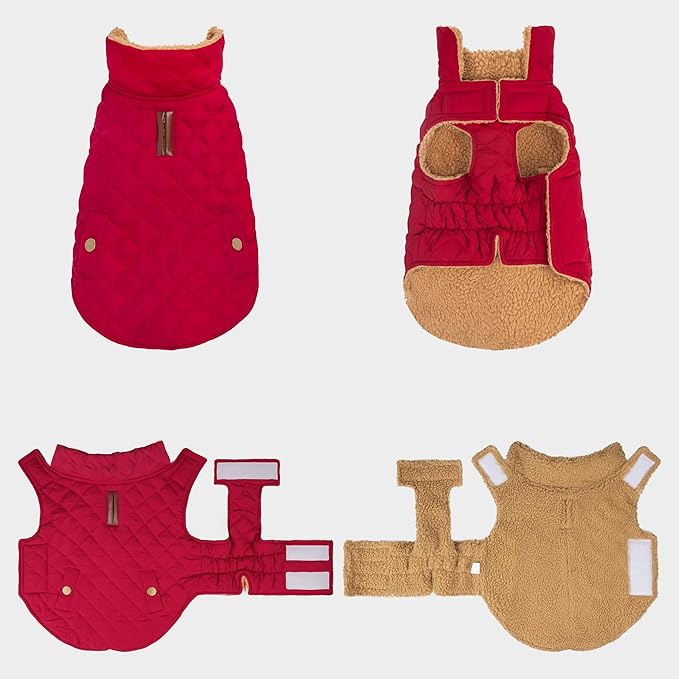 azuza Dog Jacket for Large Dogs Waterproof & Windproof Dog Coat for Small Dogs with Thick Fleece, High Collar with Leash Hole, Adjustable Velcro & Elastic Belly, Red 3XL