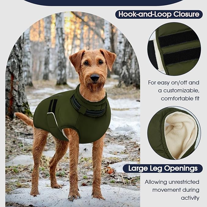 IECOii Small Dog Coat, Waterproof Dog Snow Jacket with Built in Collar, Thermal Fleece Lined for Cold Weather, Safety Reflective Dogs Winter Coat for Nighttime Walks, Easy On/Off, Army Green - M