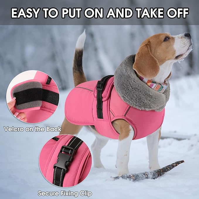 PETDSH Dog Coat Large, Windproof Dog Jacket with Warm Fleece Lining, Thickened Collar Dogs Winter Coat, Adjustable Reflective Pet Coats for Cold Weather (Pink, XXX-Large)