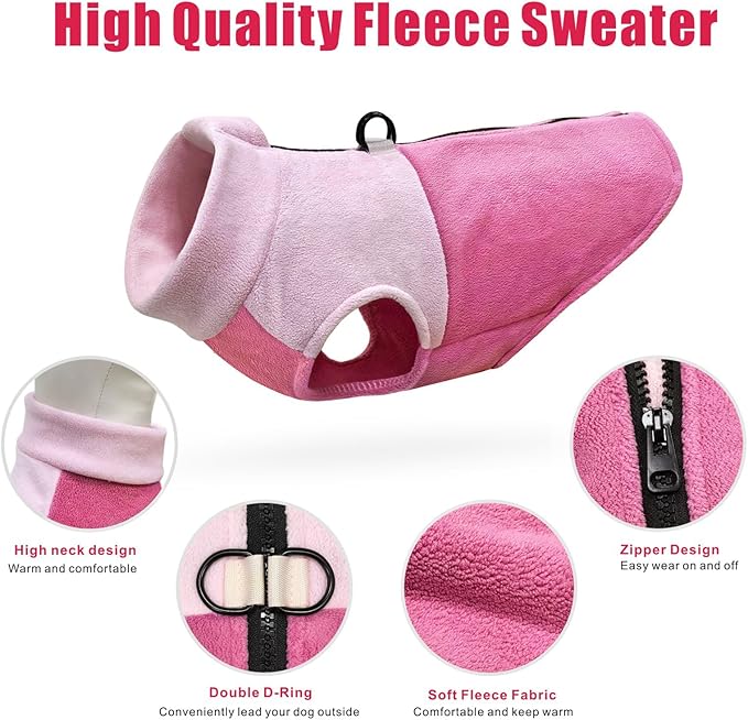Idepet Dog Fleece Vest Sweater Zip Up Warm Pullover Dogs Jacket with D-Ring Leash Winter Cold Weater Coat Pet Sweatershirt Clothes Hoodie for Small Medium Dogs Boy Girl (Pink/Rose Red, S)