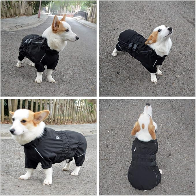 Dogs Waterproof Jacket, Lightweight Waterproof Jacket Reflective Safety Dog Raincoat Windproof Snow-Proof Dog Vest for Small Medium Large Dogs Corgis Dachshund Black D-S