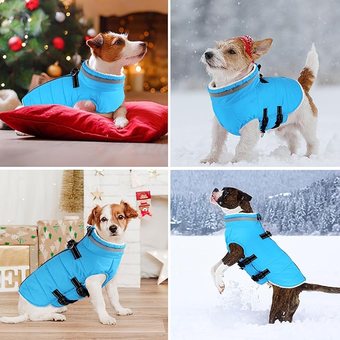 Dogcheer Dog Coat with Harness, Waterproof Dog Jacket Adjustable Pet Winter Coat with Zipper, Christmas Puppy Snow Jacket Fleece Sweater for Small Medium Large Dogs - Sky Blue 3XL