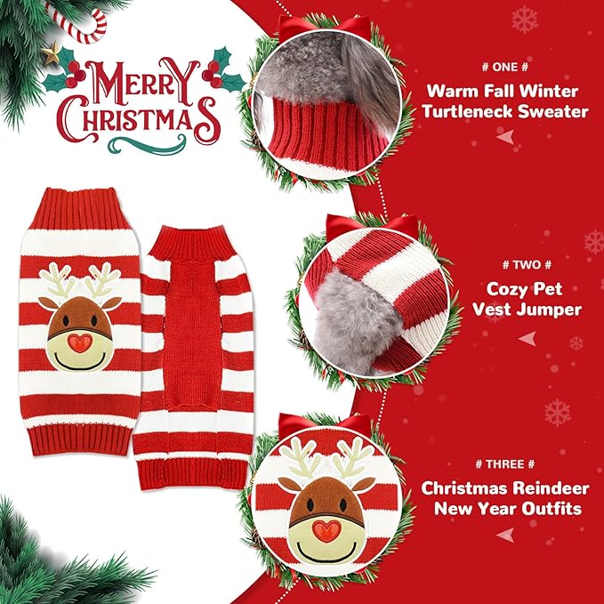 PETCARE Reindeer Christmas Dog Sweater Red Striped Cat Sweater Cartoon Elk Pet Vest Holiday Dog Clothes Puppy Sweaters for Small Medium Large Dogs Cats Fall Winter Outfits Xmas Dogs Costume,X-Large
